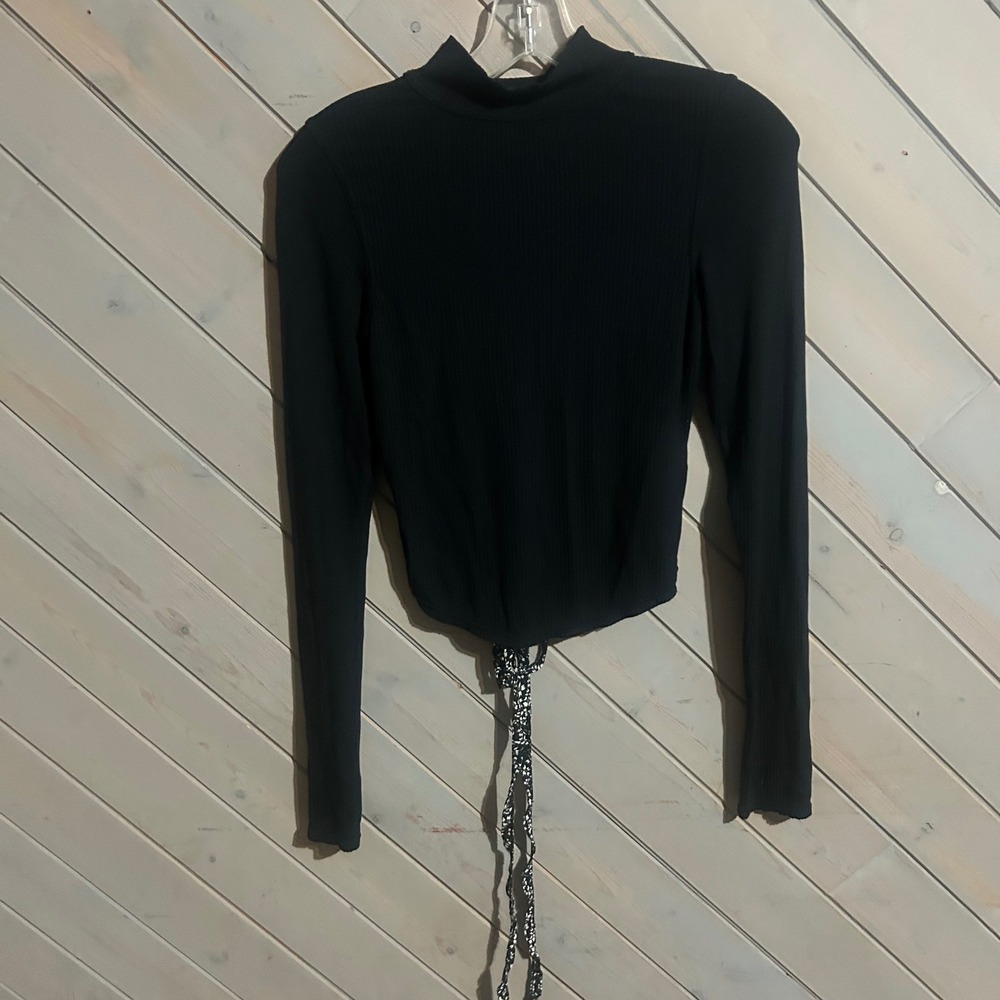 Free People‎ Black Ribbed Mock Neck Long Sleeve Top Cutout Lace Up Back